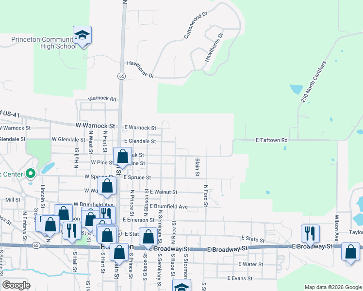 map of restaurants, bars, coffee shops, grocery stores, and more near 401-429 East Glendale Street in Princeton