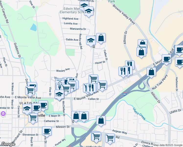 map of restaurants, bars, coffee shops, grocery stores, and more near 201 Brown Street in Vacaville