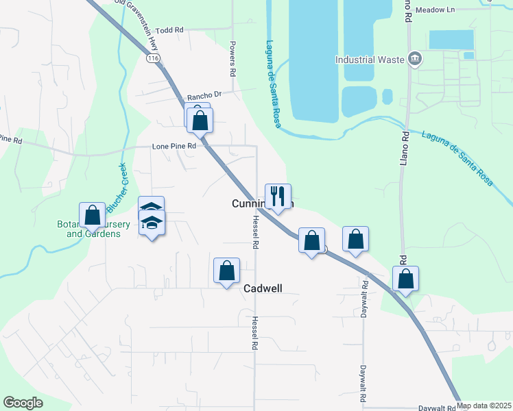 map of restaurants, bars, coffee shops, grocery stores, and more near Gravenstein Hwy S & Hessel Rd in Sebastopol