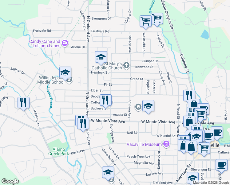 map of restaurants, bars, coffee shops, grocery stores, and more near 381 Elder Street in Vacaville