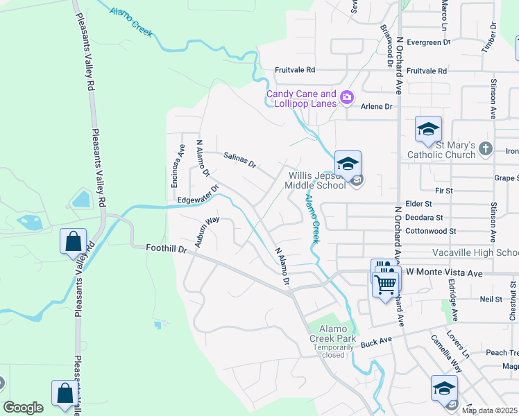 map of restaurants, bars, coffee shops, grocery stores, and more near 197 North Alamo Drive in Vacaville
