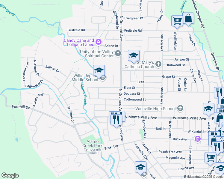map of restaurants, bars, coffee shops, grocery stores, and more near 531 Elder Street in Vacaville