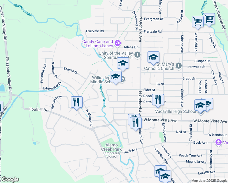 map of restaurants, bars, coffee shops, grocery stores, and more near 591 Elder Street in Vacaville
