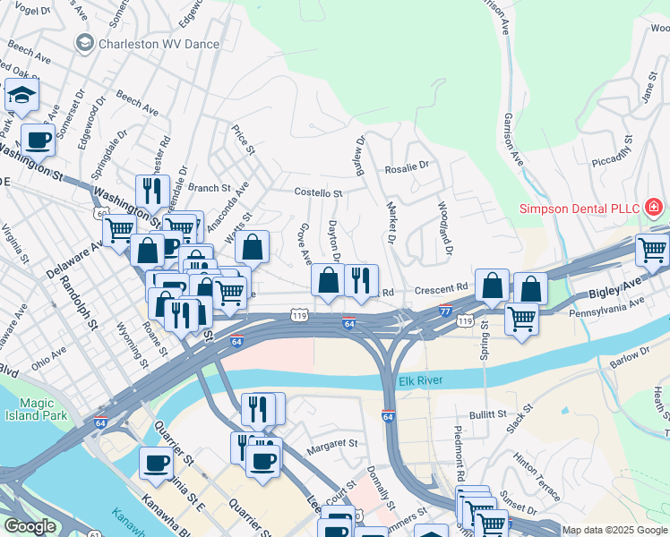 map of restaurants, bars, coffee shops, grocery stores, and more near 315 Dayton Drive in Charleston