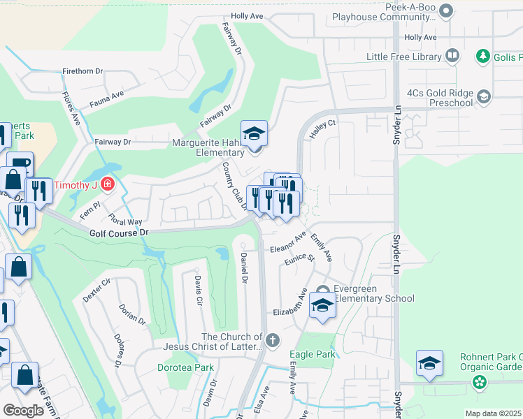 map of restaurants, bars, coffee shops, grocery stores, and more near Golf Course Drive in Rohnert Park