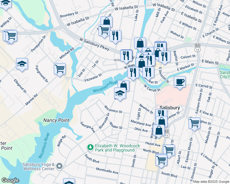 map of restaurants, bars, coffee shops, grocery stores, and more near 540 Riverside Drive in Salisbury