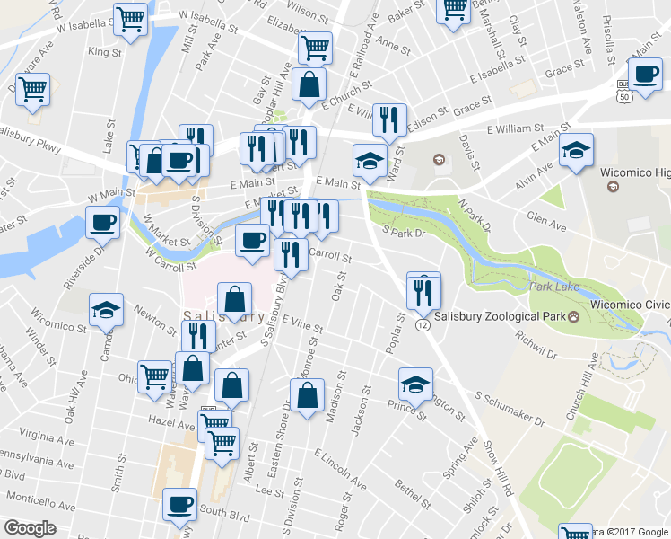 map of restaurants, bars, coffee shops, grocery stores, and more near 319 East Locust Street in Salisbury