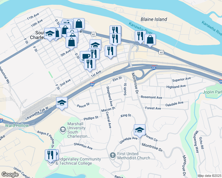 map of restaurants, bars, coffee shops, grocery stores, and more near 304 Karen Street in Charleston