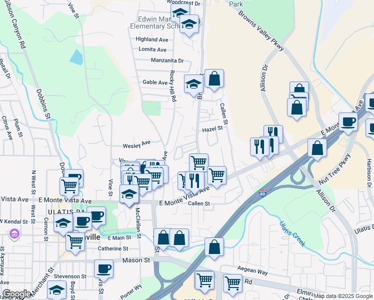 map of restaurants, bars, coffee shops, grocery stores, and more near 207 Brown Street in Vacaville