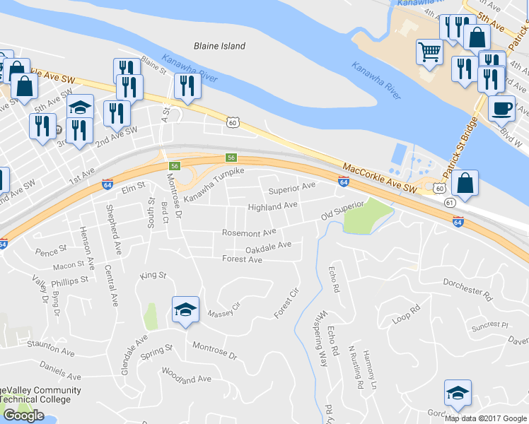 map of restaurants, bars, coffee shops, grocery stores, and more near 446 Joseph St in South Charleston