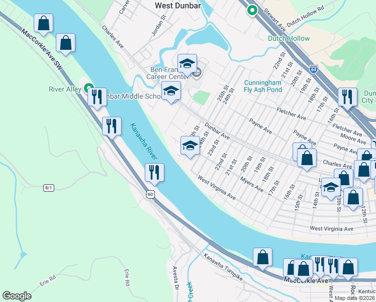 map of restaurants, bars, coffee shops, grocery stores, and more near 2407 Alley in Dunbar