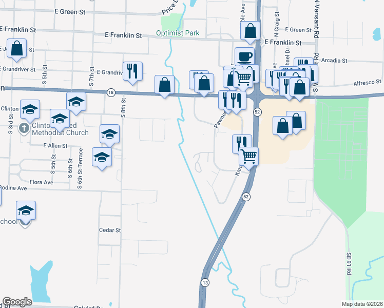map of restaurants, bars, coffee shops, grocery stores, and more near Deer Run Ave in Clinton