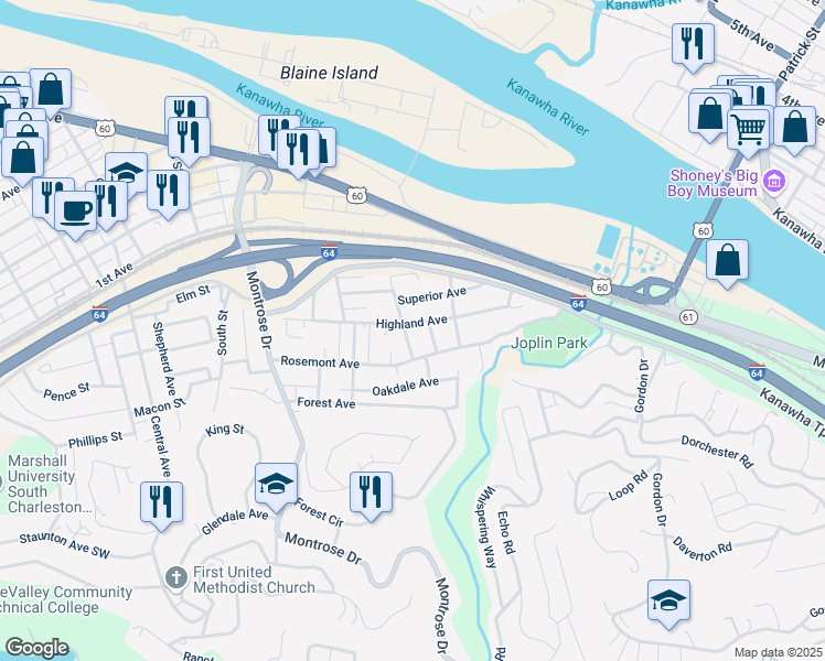 map of restaurants, bars, coffee shops, grocery stores, and more near 446 Joseph Street in South Charleston