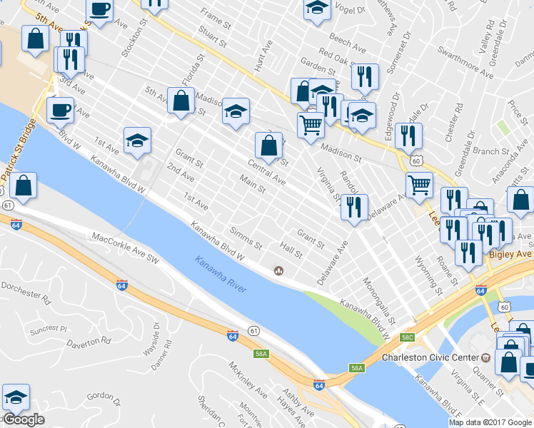 map of restaurants, bars, coffee shops, grocery stores, and more near 300 Park Ave in Charleston