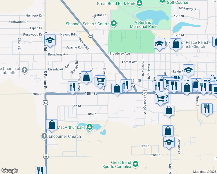 map of restaurants, bars, coffee shops, grocery stores, and more near 1101 Pyle Street in Great Bend