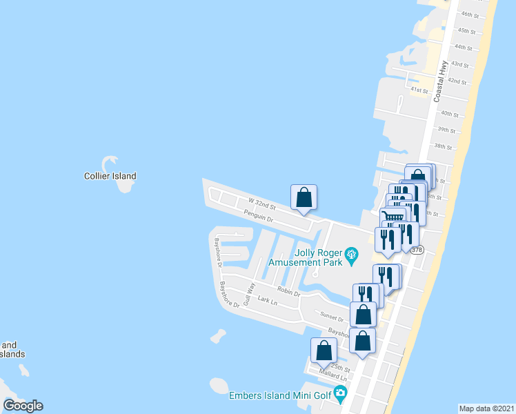 map of restaurants, bars, coffee shops, grocery stores, and more near 521 32nd Street in Ocean City