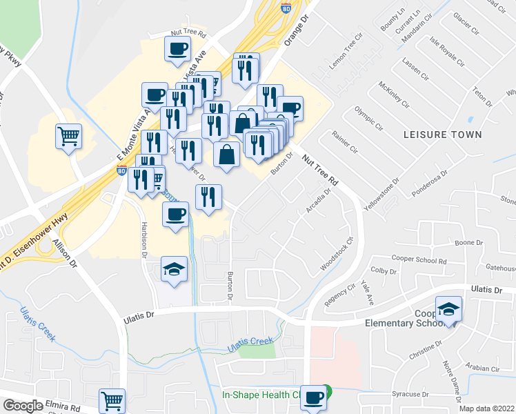 map of restaurants, bars, coffee shops, grocery stores, and more near 1300 Burton Drive in Vacaville