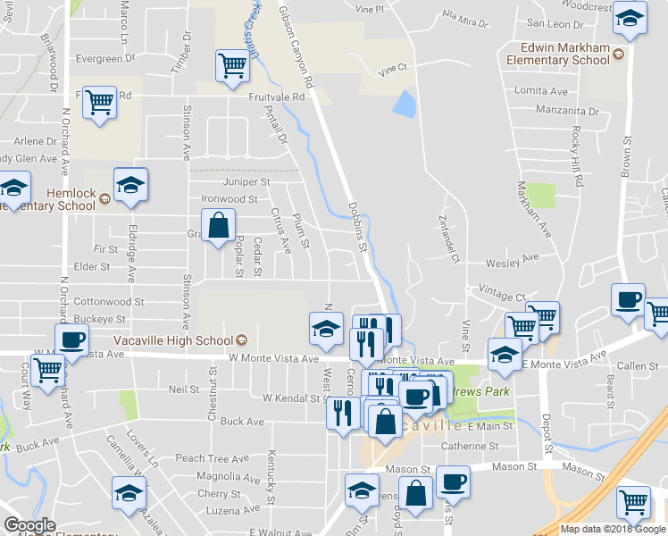map of restaurants, bars, coffee shops, grocery stores, and more near 217 North West Street in Vacaville