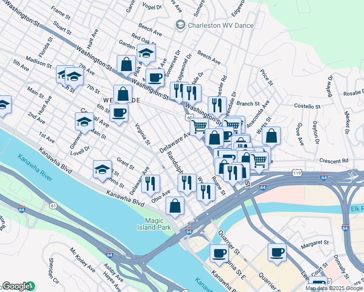 map of restaurants, bars, coffee shops, grocery stores, and more near 414 Wyoming Street in Charleston