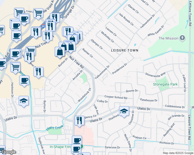 map of restaurants, bars, coffee shops, grocery stores, and more near 325 Alameda Court in Vacaville