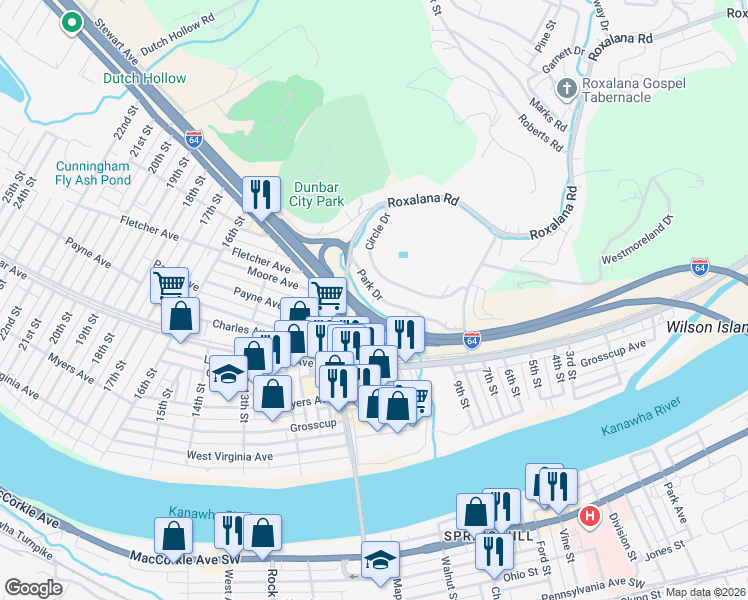 map of restaurants, bars, coffee shops, grocery stores, and more near 449 Corbin Court in Dunbar