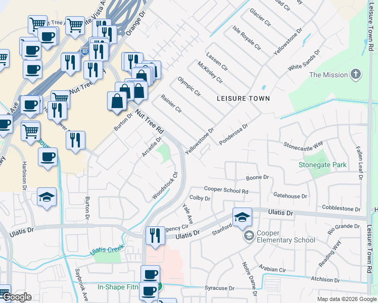 map of restaurants, bars, coffee shops, grocery stores, and more near 325 Alameda Court in Vacaville