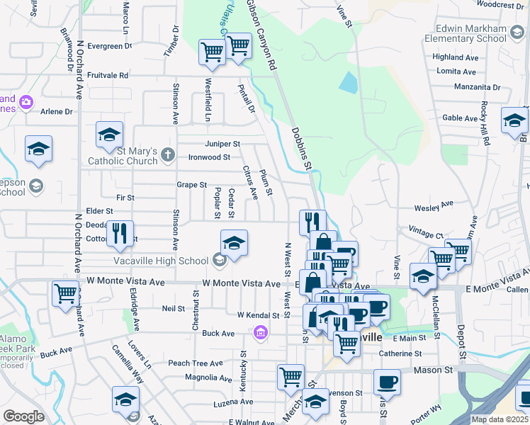map of restaurants, bars, coffee shops, grocery stores, and more near 215 Citrus Avenue in Vacaville