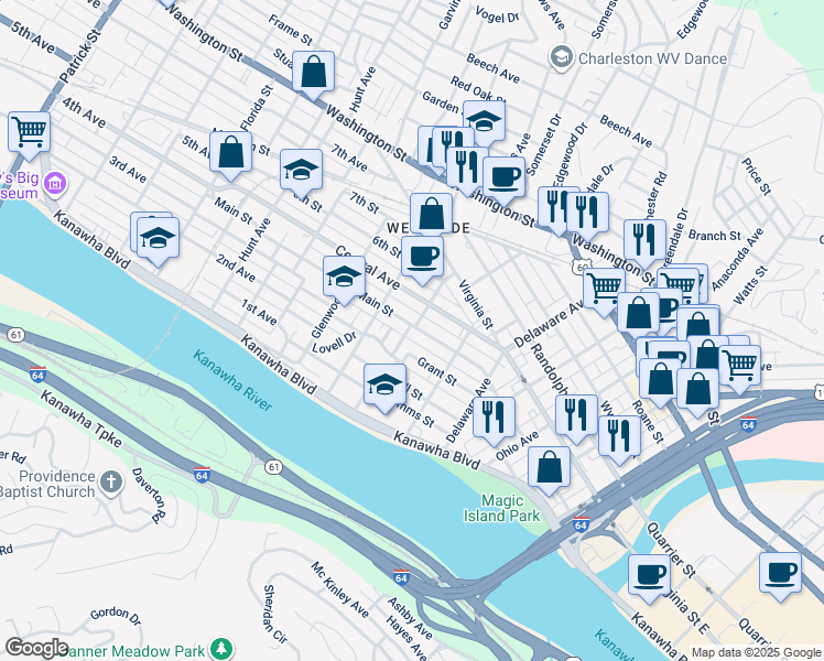 map of restaurants, bars, coffee shops, grocery stores, and more near 629 Main Street in Charleston