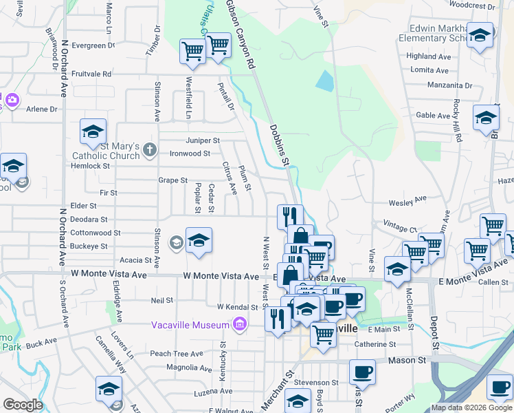 map of restaurants, bars, coffee shops, grocery stores, and more near 217 North West Street in Vacaville