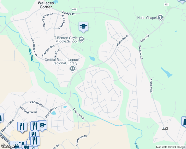 map of restaurants, bars, coffee shops, grocery stores, and more near 37 Chantilly Place in Fredericksburg