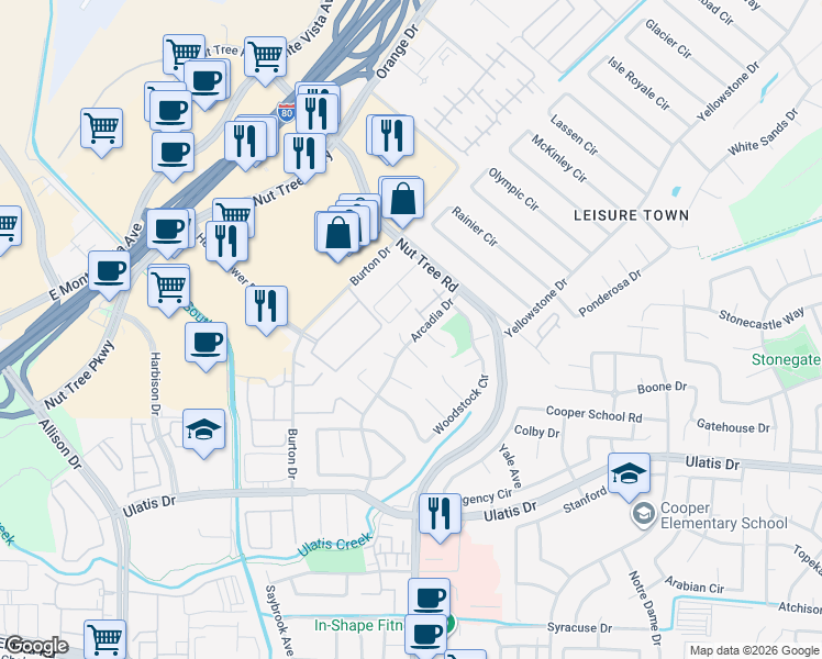 map of restaurants, bars, coffee shops, grocery stores, and more near 170 Arcadia Drive in Vacaville