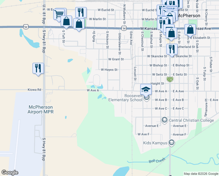 map of restaurants, bars, coffee shops, grocery stores, and more near 621 South Hickory Street in McPherson
