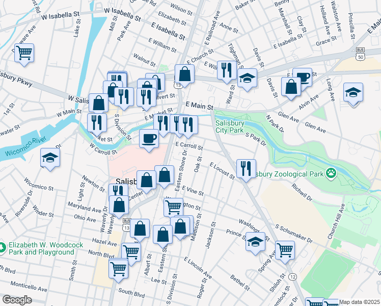 map of restaurants, bars, coffee shops, grocery stores, and more near 313 East Locust Street in Salisbury
