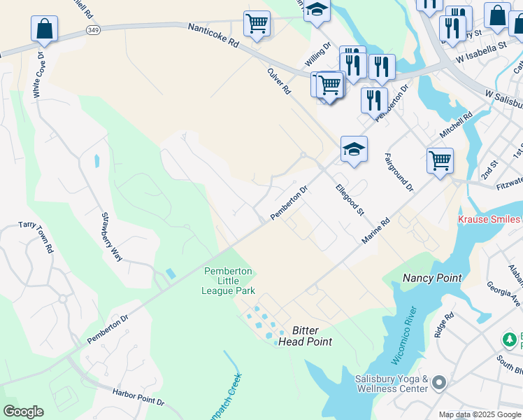 map of restaurants, bars, coffee shops, grocery stores, and more near 6175 Diamondback Drive in Salisbury
