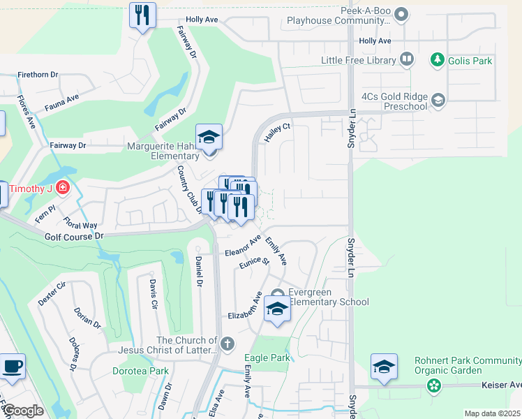 map of restaurants, bars, coffee shops, grocery stores, and more near 1046 Eleanor Avenue in Rohnert Park