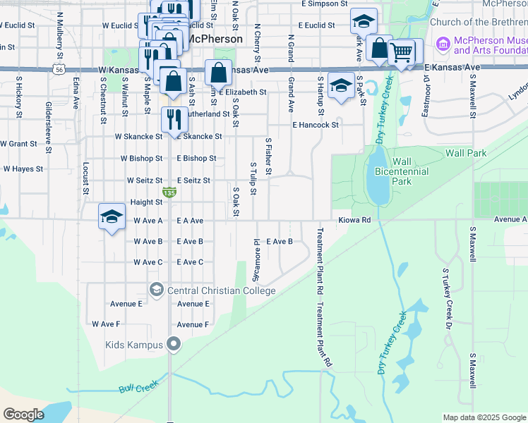 map of restaurants, bars, coffee shops, grocery stores, and more near 540 South Fisher Street in McPherson