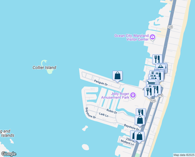 map of restaurants, bars, coffee shops, grocery stores, and more near 521 32nd Street in Ocean City