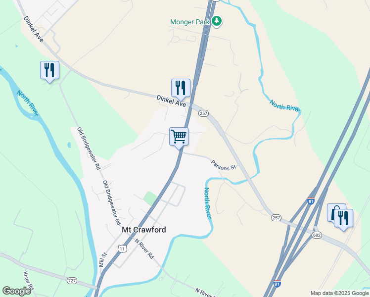 map of restaurants, bars, coffee shops, grocery stores, and more near 733 North Main Street in Mount Crawford