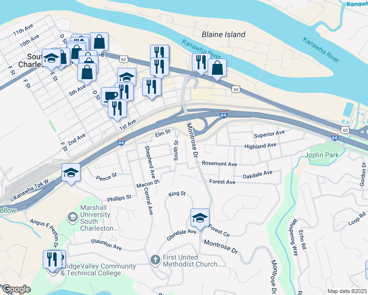 map of restaurants, bars, coffee shops, grocery stores, and more near 220 Bird Court in South Charleston