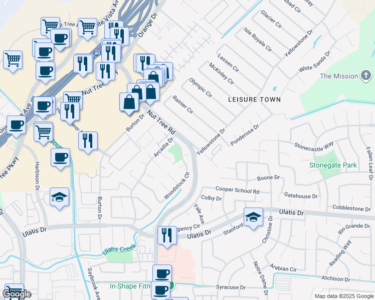 map of restaurants, bars, coffee shops, grocery stores, and more near 325 Alameda Court in Vacaville