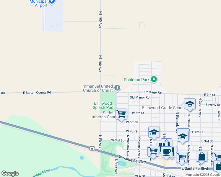 map of restaurants, bars, coffee shops, grocery stores, and more near 510 West 7th Street in Ellinwood