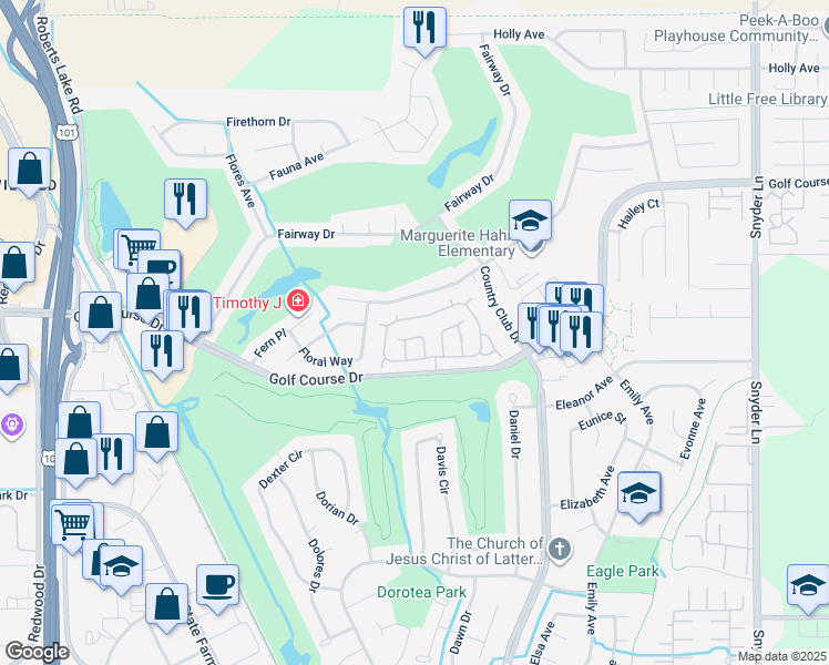 map of restaurants, bars, coffee shops, grocery stores, and more near 16 Fredrick Drive in Rohnert Park
