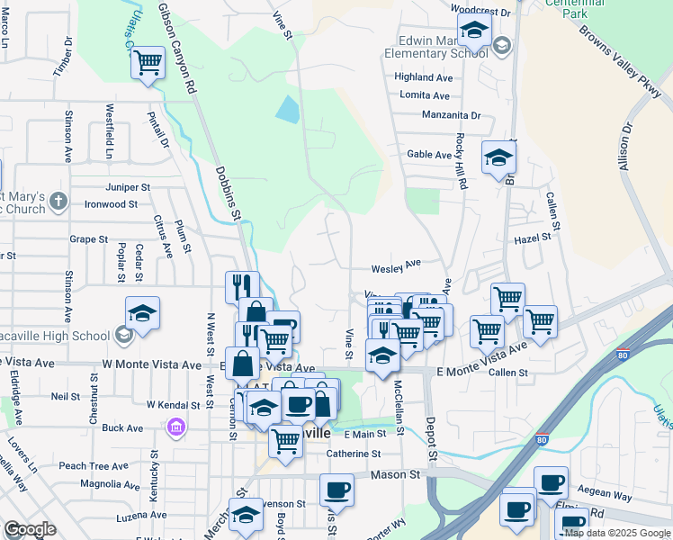 map of restaurants, bars, coffee shops, grocery stores, and more near 3000 Chardonnay Court in Vacaville