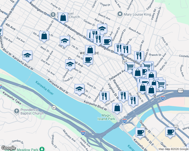 map of restaurants, bars, coffee shops, grocery stores, and more near 615 Central Avenue in Charleston