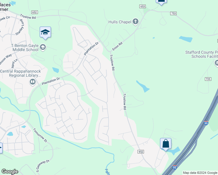 map of restaurants, bars, coffee shops, grocery stores, and more near 40 Harborton Lane in Fredericksburg