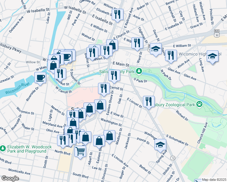 map of restaurants, bars, coffee shops, grocery stores, and more near 315 Eastern Shore Drive in Salisbury
