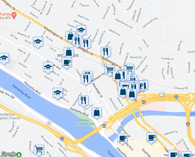 map of restaurants, bars, coffee shops, grocery stores, and more near 1316 River Avenue in Charleston