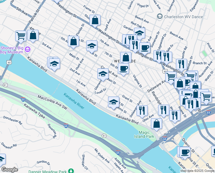 map of restaurants, bars, coffee shops, grocery stores, and more near 300 Park Avenue in Charleston