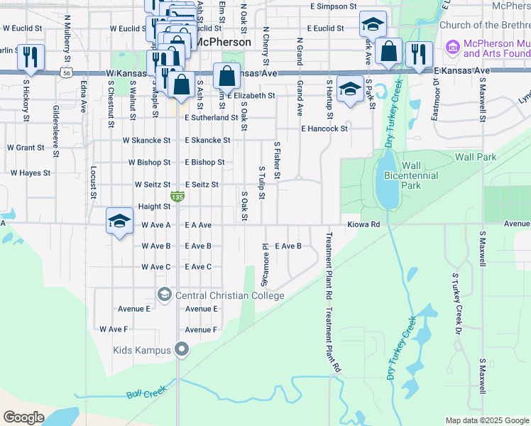 map of restaurants, bars, coffee shops, grocery stores, and more near 546 S Tulip St in McPherson