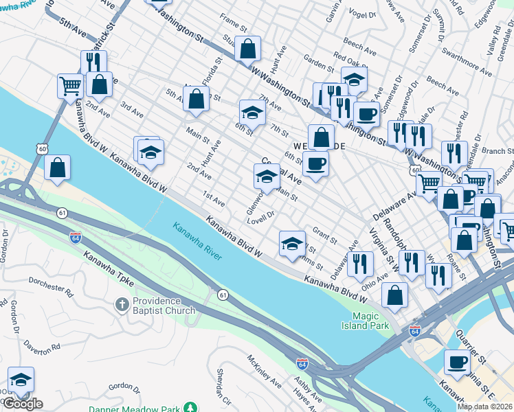 map of restaurants, bars, coffee shops, grocery stores, and more near 114 Glenwood Avenue in Charleston